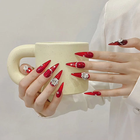10pcs Handmade Red False Nails Long Stiletto Punk Style Press On Nails Y2k Glossy Diamond Flower Designs Fake Nail Patches