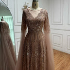 Elegante vestido de noche de corte A con cuentas y mangas estilo capa LA73056