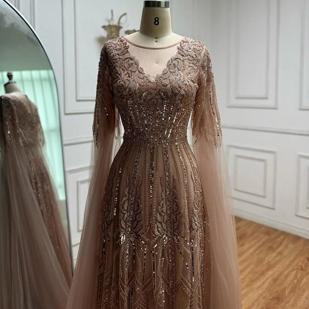 Elegante vestido de noche de corte A con cuentas y mangas estilo capa LA73056