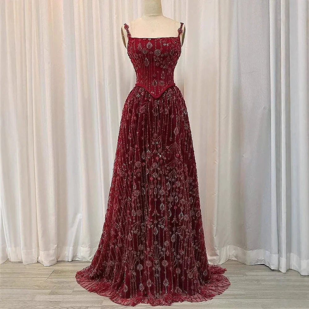 Vestido de noche de lujo verde salvia con cuentas, corte A y tirantes finos LA72805 