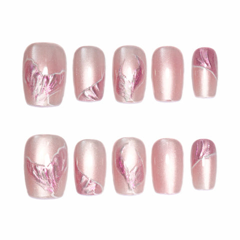 10 uñas postizas de ojo de gato en color rosa nude, hechas a mano, con diseño de cola de sirena rosa, ideales para usar en estilo europeo. 