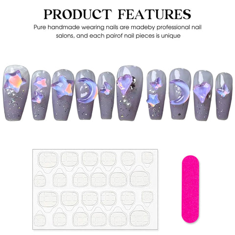10 Stück abnehmbare Press-on-Nägel, Zuckercreme, funkelnde handgemachte künstliche Nägel, glänzend lila, falsche Nagelspitzen mit 3D-Mond-Stern-Design 