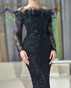 Luxuriöses, grünes Abendkleid mit langen Ärmeln, Federn und Perlenbesatz aus Dubai LA72553