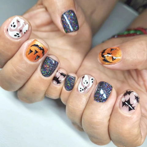 24 uñas postizas con lentejuelas brillantes para fiesta de Halloween, cortas, cuadradas, con estampado de fantasma, calabaza y murciélago, cobertura total. 