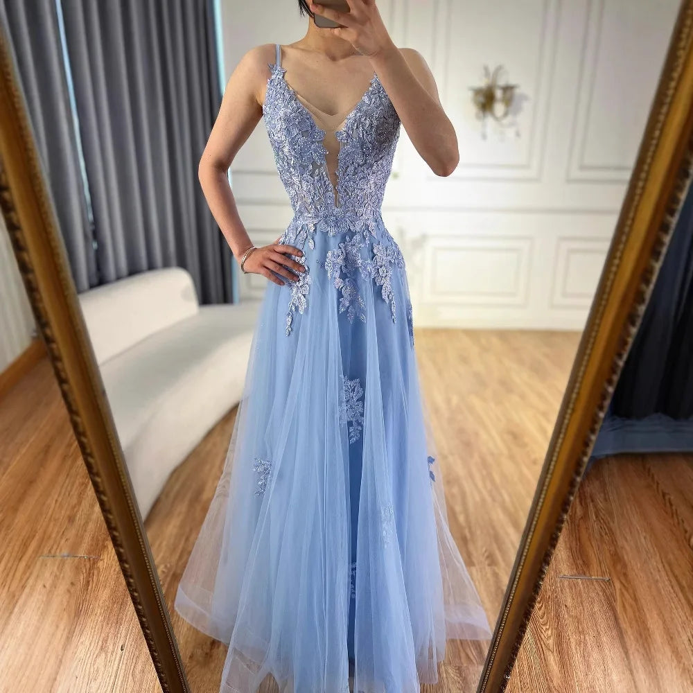 Vestido de fiesta de lujo de encaje verde salvia con tirantes finos, corte A, LA73005