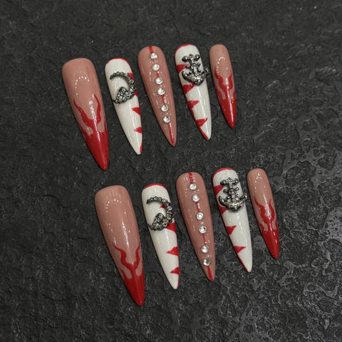 10pcs Handmade French Tips Fake Nails Flash Diamond Heart Pearl Tulip Flower Designs Press On Nails Luxury False Nails For Women