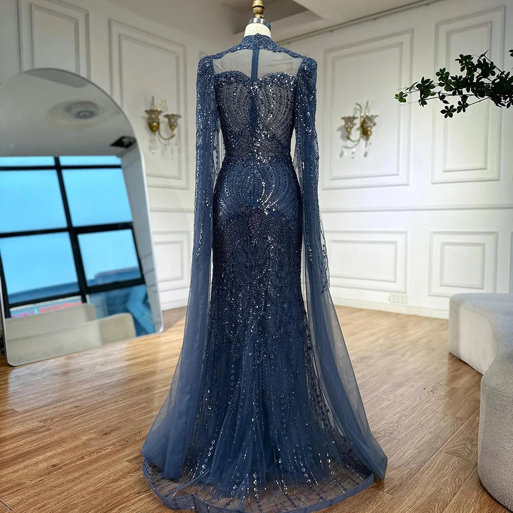 Vestido de noche de sirena azul de lujo con capa LA73006