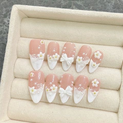 10 uñas postizas francesas negras con lazo, hechas a mano, brillantes, cortas, almendradas, para usar en salón de belleza. 