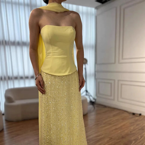 Luxury Yellow Chiffon Mermaid Evening Dress with Cape LA73007