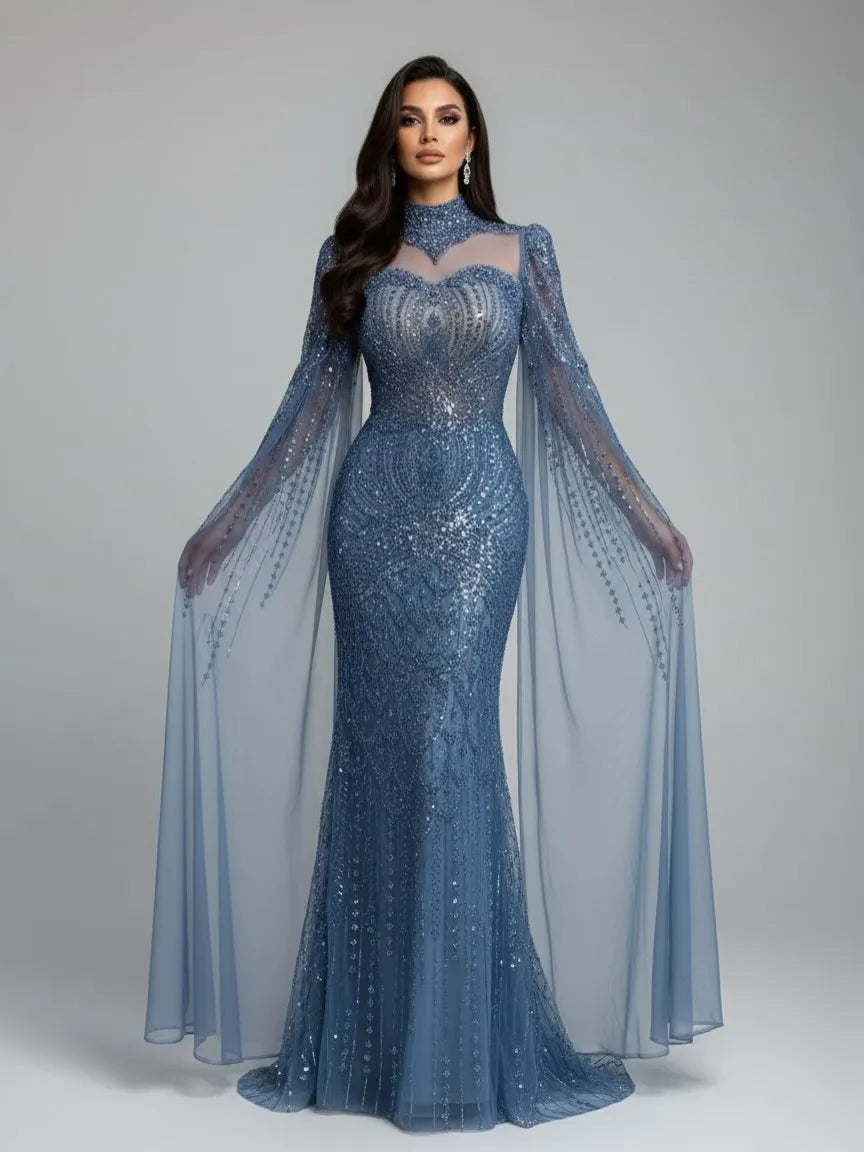 Luxuriöses, schlichtes blaues Meerjungfrauen-Abendkleid mit Cape LA73006