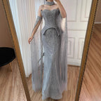 Luxury Gray Beaded Off-Shoulder Evening Dress with Cape Sleeves LA73076