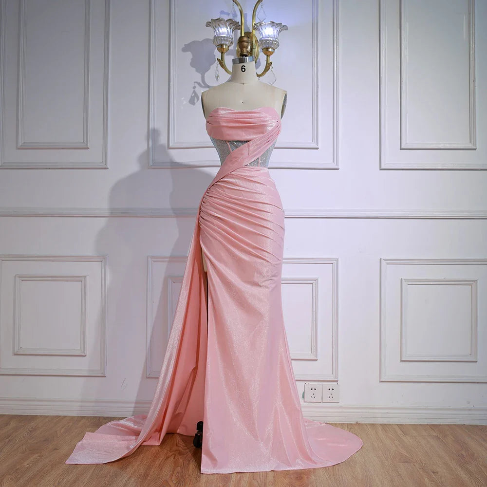 Elegante vestido de fiesta rosa brillante con abertura LA72997