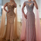 Luxuriöses Meerjungfrauen-Abendkleid mit Perlenstickerei und Umhang