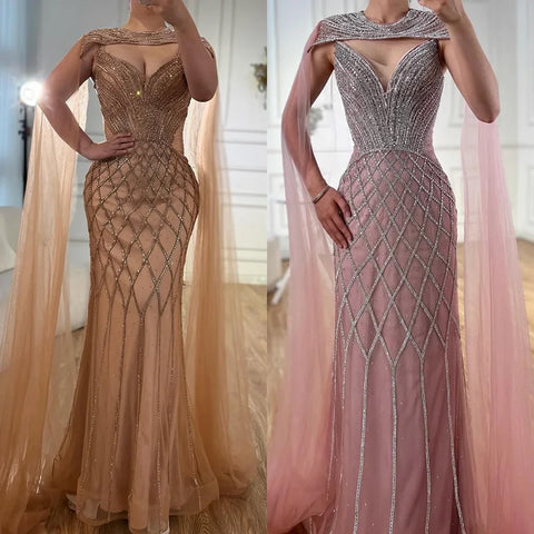 Luxury Nude Beaded Mermaid Evening Dress with Cape LA72814