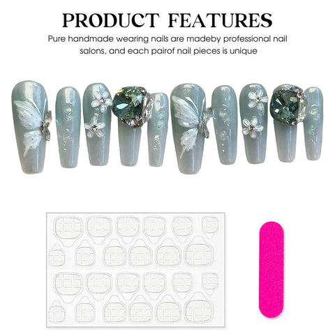 10 Stück Blau Grün Gefälschte Nagelspitzen Langer Sarg Handgemachtes Aufdrücken von Nägeln Schmetterling Blume Große glänzende Diamant Designs Falsche Nägel 