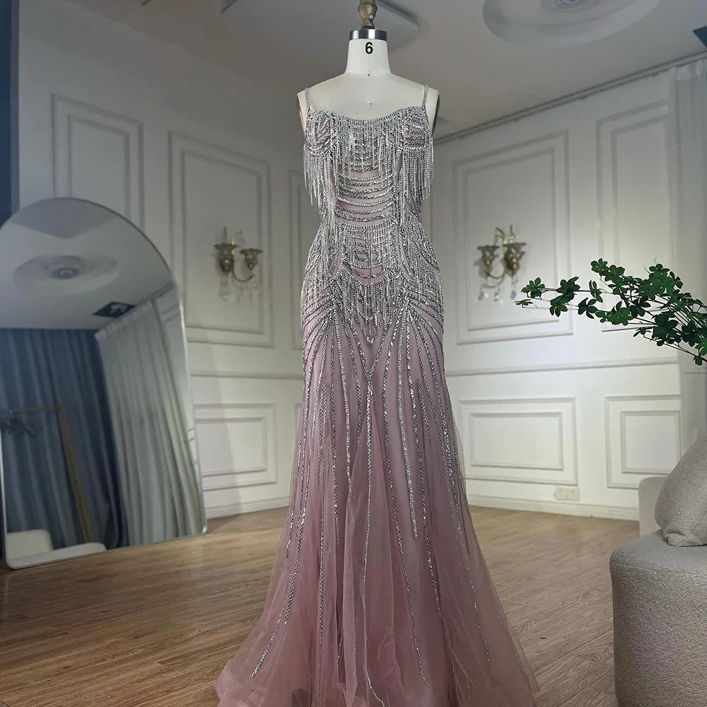 Luxuriöses, nudefarbenes, rosafarbenes Meerjungfrauen-Abendkleid mit Kristallquasten LA72772