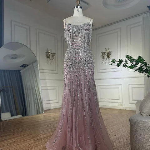 Luxury Nude Pink Crystal Tassel Mermaid Evening Dress LA72772