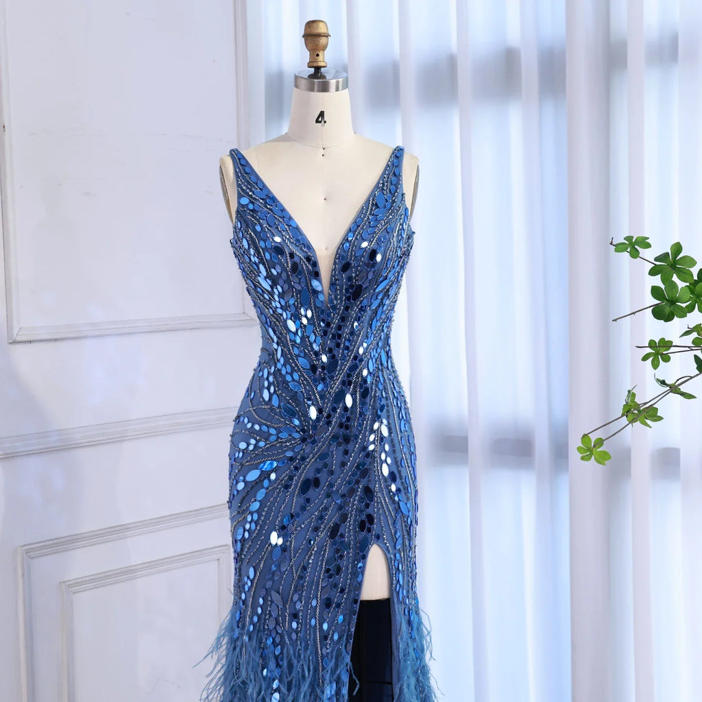 Luxury Blue Beaded Feather Mermaid Evening Dress