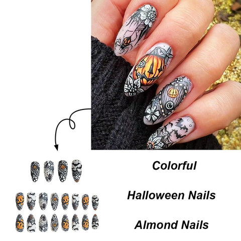 24 uñas postizas con temática de Halloween, color almendra brillante, negro oscuro, con estampado de calabaza, araña y murciélago. 