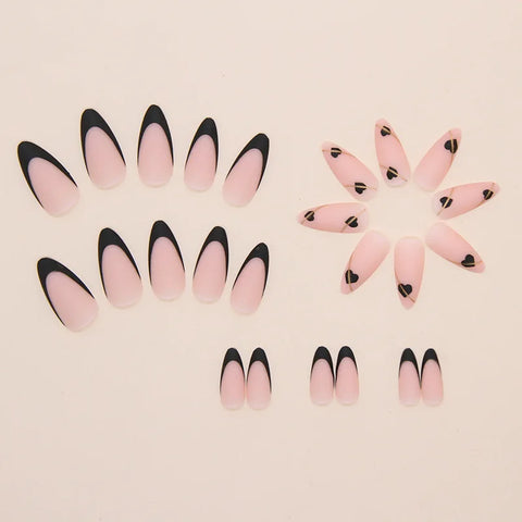 24 uñas postizas largas Y2k con forma de estilete, color negro, con forma de corazón, esmeriladas, estilo francés, para chicas con un toque picante. 
