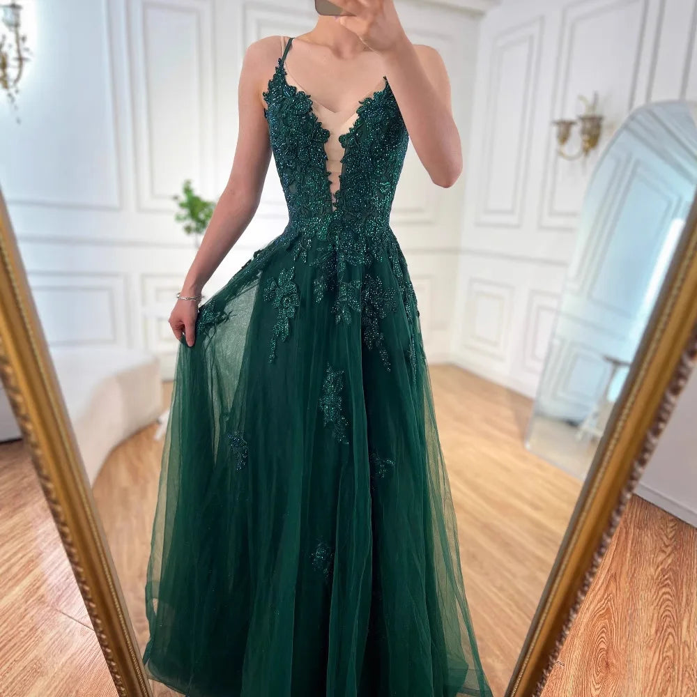 Vestido de fiesta de lujo de encaje verde salvia con tirantes finos, corte A, LA73005