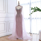 Luxuriöses, karamellfarbenes, perlenbesetztes Abendkleid mit Cape aus Dubai LA72811C