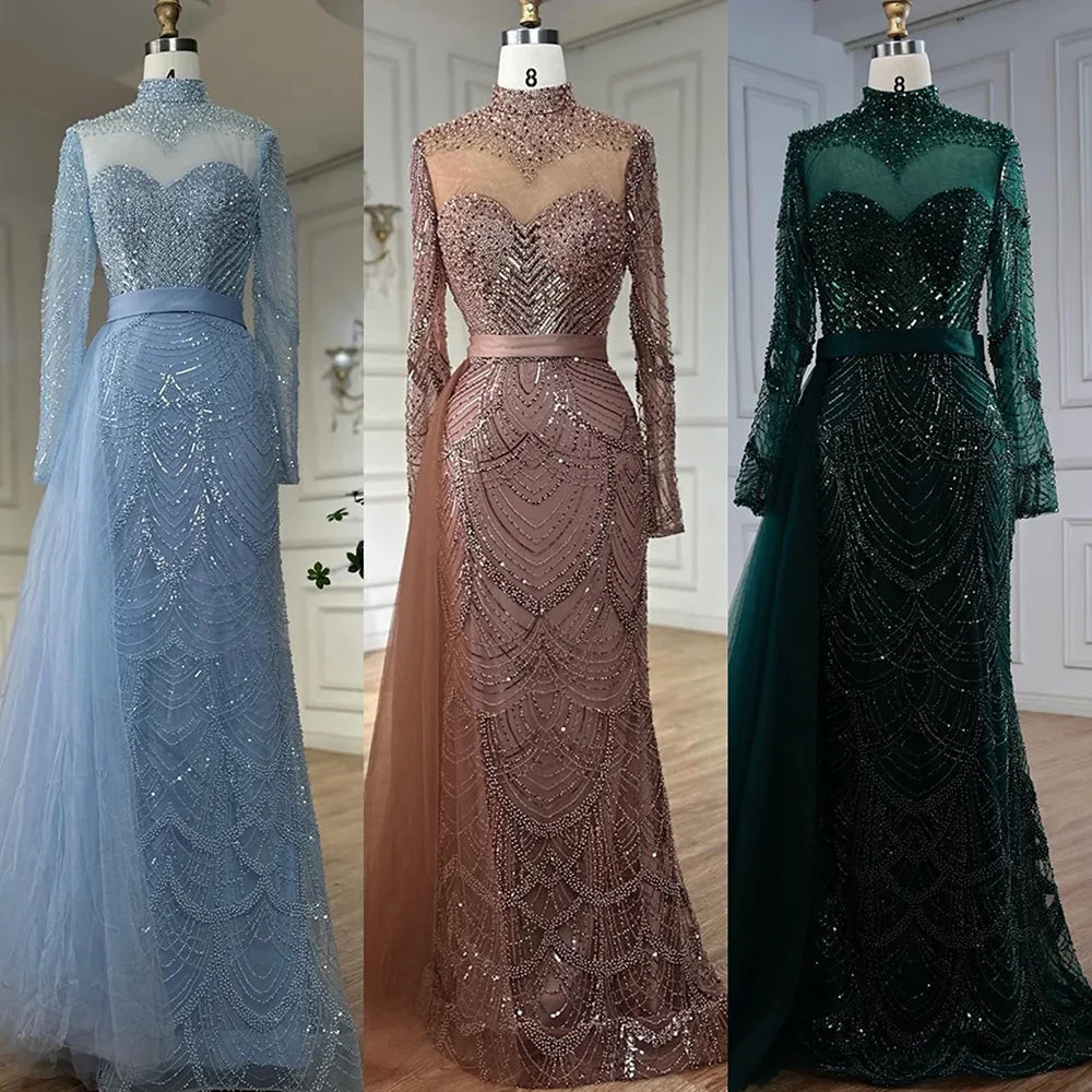 Luxuriöses braunes Meerjungfrauen-Abendkleid mit Perlenbesatz und seitlichem Überrock LA71913A