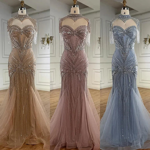 Luxury Nude Beaded High Neck Mermaid Evening Dress LA72897
