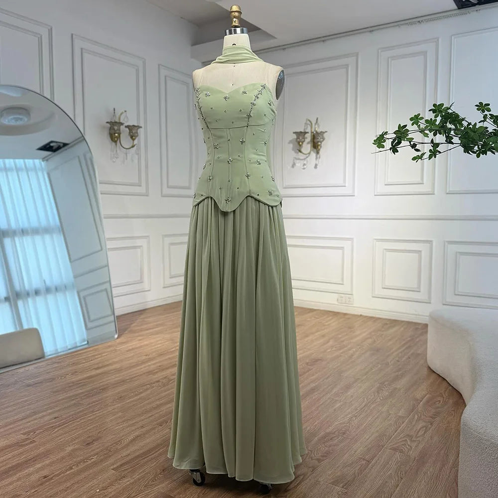 Elegantes salbeigrünes A-Linien-Abendkleid aus Chiffon LA73073 