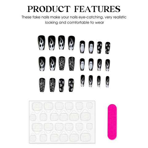 24 uñas postizas de calavera fantasma blanca para Halloween, uñas postizas de ataúd de longitud media en negro brillante, uñas postizas de telaraña negra con forma de corazón. 