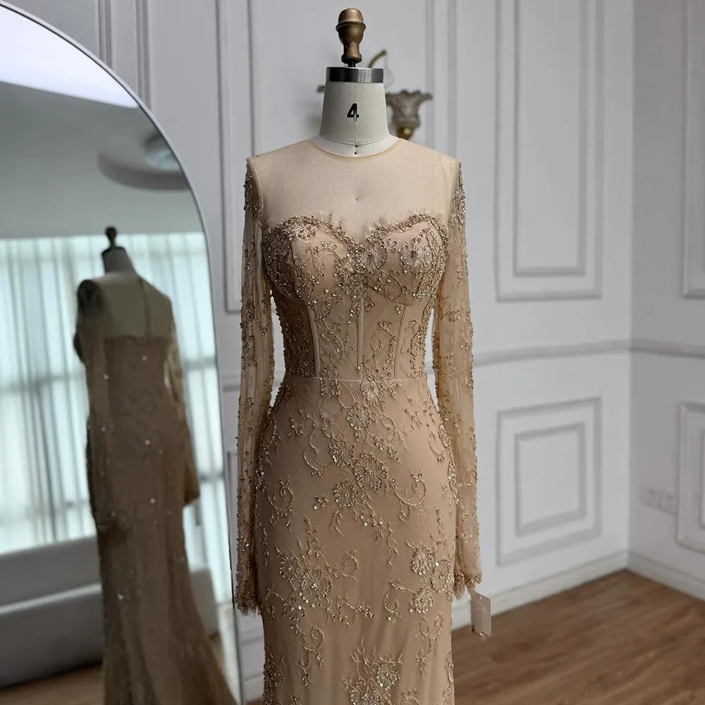 Vestido de noche de sirena con encaje árabe y cuentas, de lujo, con mangas LA72545 