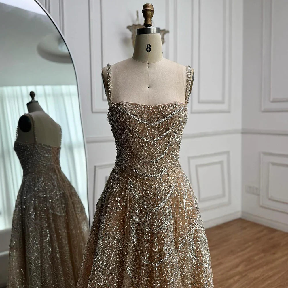 Luxuriöses, nudefarbenes A-Linien-Abendkleid mit Perlen und Kristallen LA72983A 