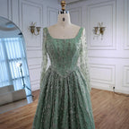 Luxuriöses, salbeigrünes, perlenbesetztes Abendkleid mit langen Ärmeln LA72805B 