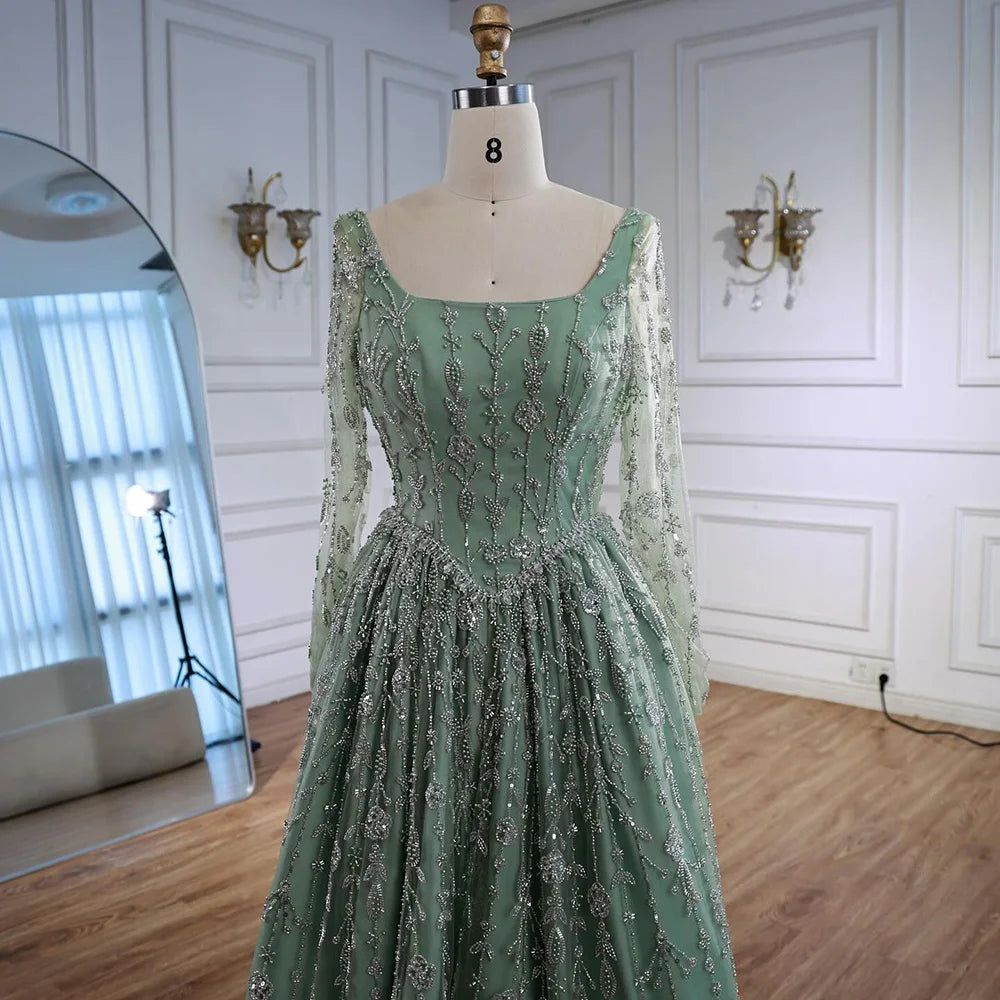 Luxuriöses, salbeigrünes, perlenbesetztes Abendkleid mit langen Ärmeln LA72805B 