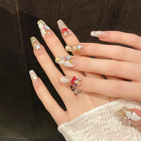 10pcs Spring Dopamine Handmade False Nail Clear Butterfly Flash Gold Pink Powder French Press On Nails Diamond Cat Eye Fake Nail