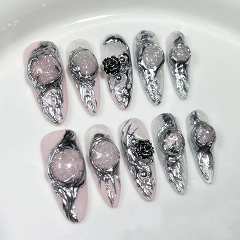 10 uñas postizas largas de ballet, estilo barroco, hechas a mano, con degradado rosa y plateado, estilo almendrado. 