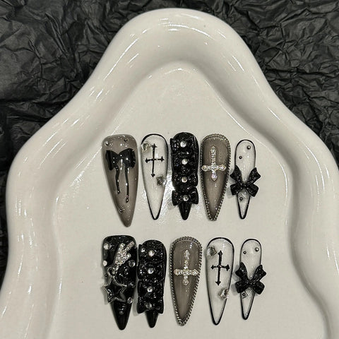 10pcs Handmade Press On Nails Dark Black Long Stiletto 3D Bowknots Rhinestone Decor False Nails Sweet Cool Manicure For Women