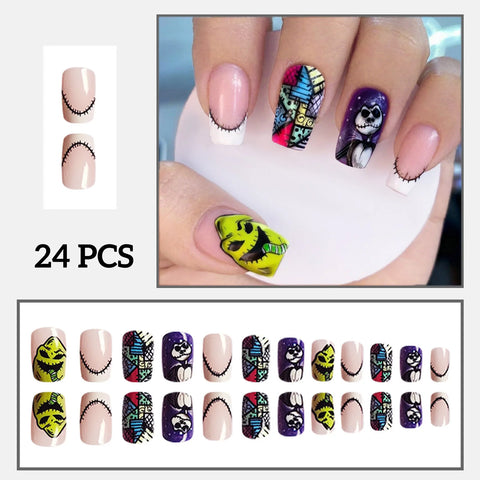 24 uñas postizas para Halloween, festival, terror, lengua verde, monstruo, calavera, uñas postizas cuadradas cortas para niña. 