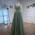 Luxuriöses, salbeigrünes, perlenbesetztes Abendkleid mit langen Ärmeln LA72805B 