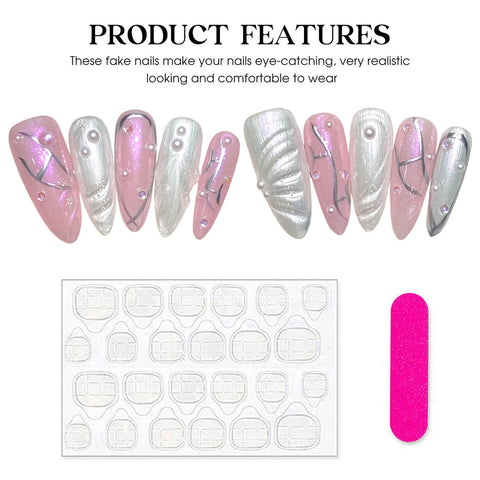 10 uñas postizas largas de almendra, hechas a mano, con diseño de ojo de gato, color rosa y blanco, con diseños de perlas, parches para uñas postizas fáciles de usar. 