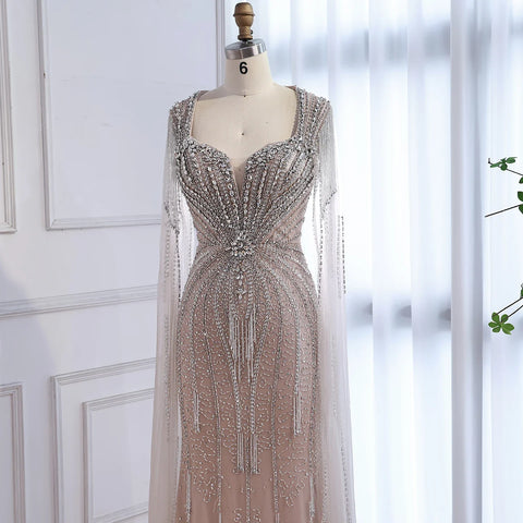 Luxury Caramel Beaded Evening Dress With Cape LA72992A