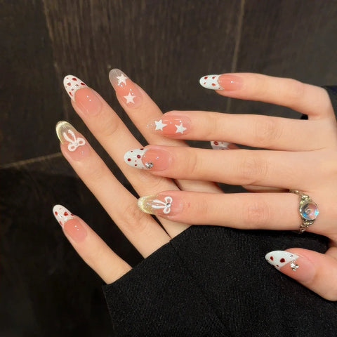 10 uñas postizas cortas con diseño de almendra, borde blanco, estampado de leopardo, estilo francés, hechas a mano, con lazo y estrellas ruborizadas. 