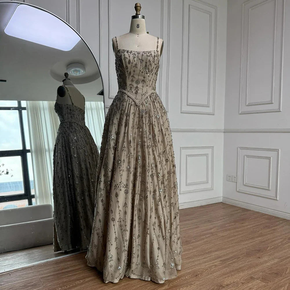 Vestido de noche de lujo verde salvia con cuentas, corte A y tirantes finos LA72805 