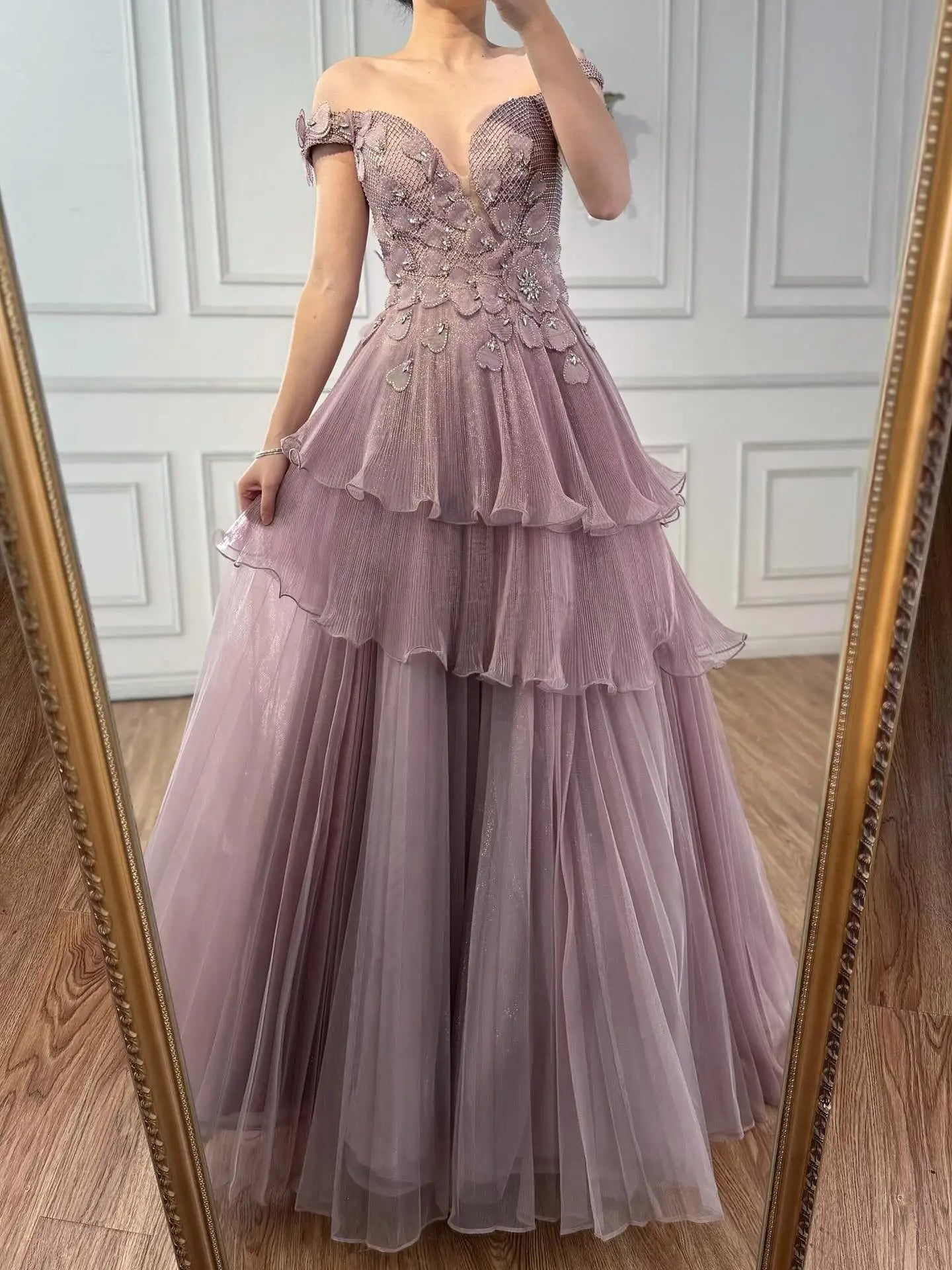 Vestido de noche de lujo rosa con volantes y cuentas, corte A, LA73385 