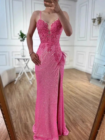 Luxury Pink Feather Beaded Mermaid Prom Dress with Slit LA72987