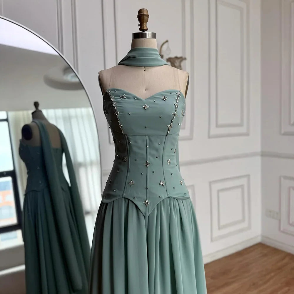 Elegantes salbeigrünes A-Linien-Abendkleid aus Chiffon LA73073 
