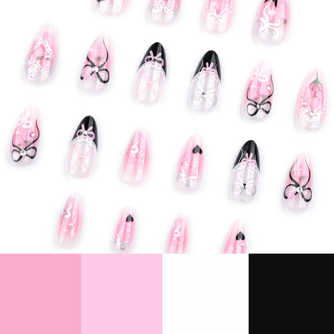 24 uñas postizas con diseño de tulipán en color negro, francés, rubor, almendra y lazos, con bonitos diseños de conejos Y2K. 