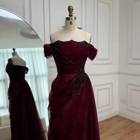 Elegant Wine Red Off Shoulder Lace Evening Dress with Appliques LA73010