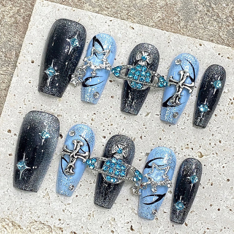 10 uñas postizas estilo Y2k, hechas a mano, en azul brillante, con diseños de cruz de diamantes brillantes, uñas postizas desmontables. 
