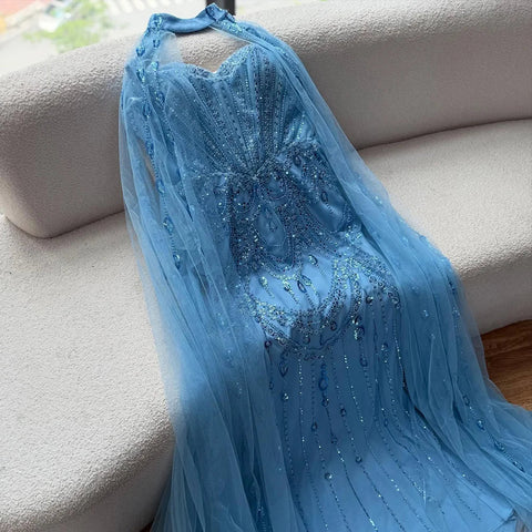 Luxury Blue Sequin Beaded Evening Dress with Cape Sleeves LA73108